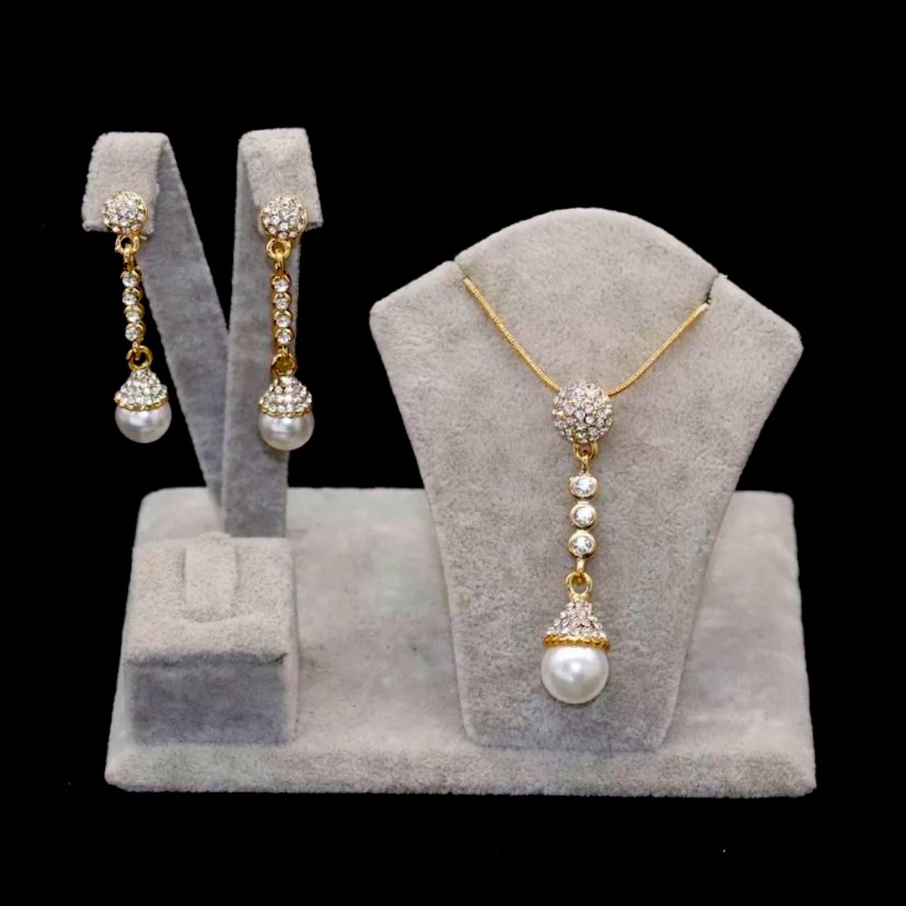 🍀New Pearl Gold Plated Jewelry Set Necklace Pendant Ear Dangle Earring